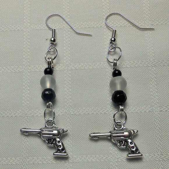 No. 7 Handmade earrings with 3D revolver charms in Tibetan silver - Picture 1 of 1